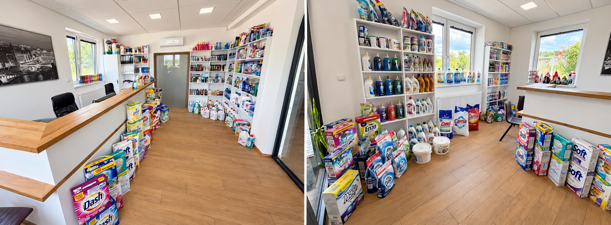 Dva pohledy do vzorkovny Topmarkt a Drogerie Import v Hradčanech u Tišnova